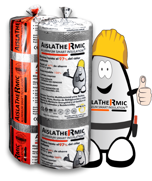 Personaje de Aislathermic junto a rollos de aislante térmico