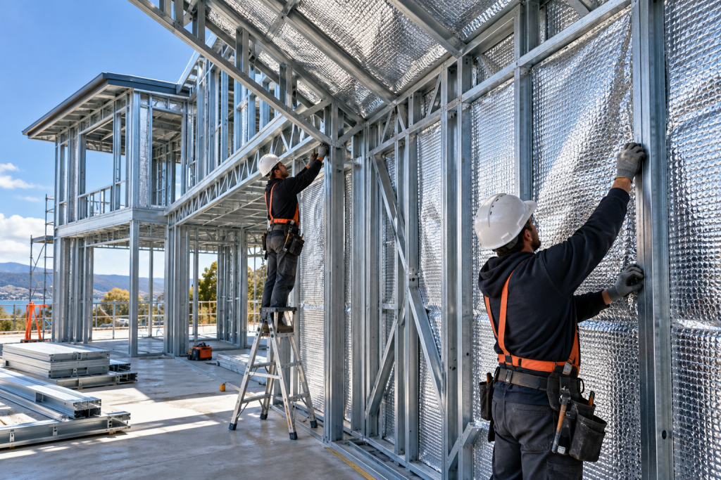 Instalación de aislante térmico reflectivo en paredes y techo de una estructura steel framing