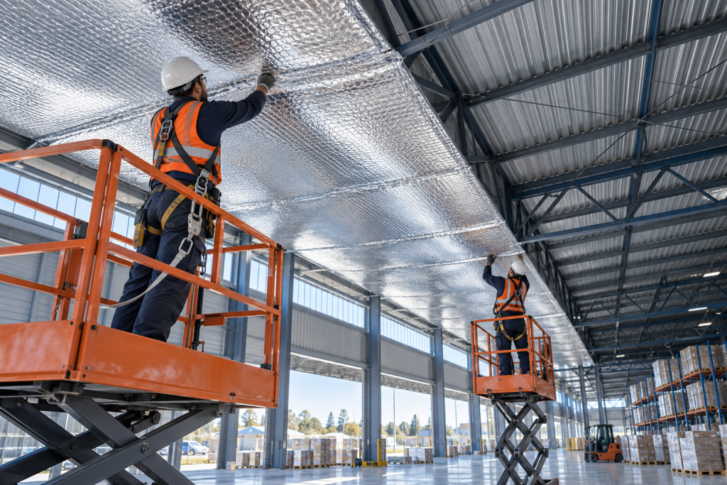 Instalación de aislante térmico reflectivo de aluminio bajo el techo de una nave industrial