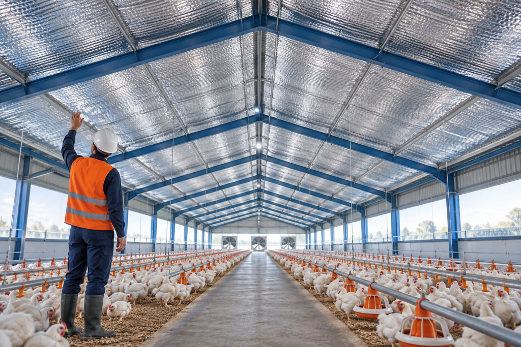 Galpón avícola con aislante térmico reflectivo de aluminio instalado bajo la cubierta