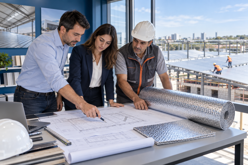 Arquitectos y técnico analizando planos junto a una muestra de aislante térmico reflectivo