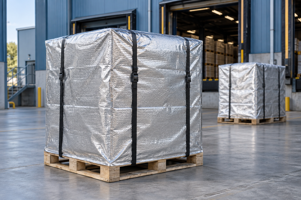 Pallet de mercadería protegido con una funda térmica reflectiva en una zona de carga